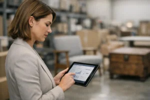 Prix livraison meubles d'occasion Suisse: une femme calcule les tarifs sur tablette, mobilier d'occasion en arrière-plan.