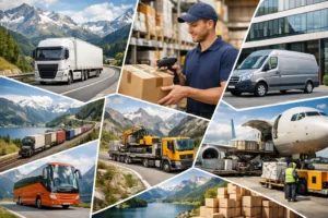 Collage de transporteurs suisses pour professionnels: camions, camionnettes, colis. Diversité logistique en Suisse 2026.