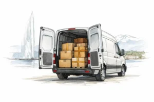 Dessin croquis d'un fourgon livrant des marchandises sécurisées à Genève, avec le Jet d'Eau en fond. Transport fiable.