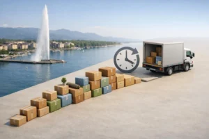 Illustration 3D isométrique: déménagement urgence Genève. Boîtes, camion et horloge symbolisent un service 24h/7j rapide.