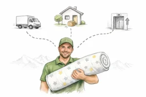 Illustration livraison matelas Vertbaudet en Suisse : 3 options de service disponibles.