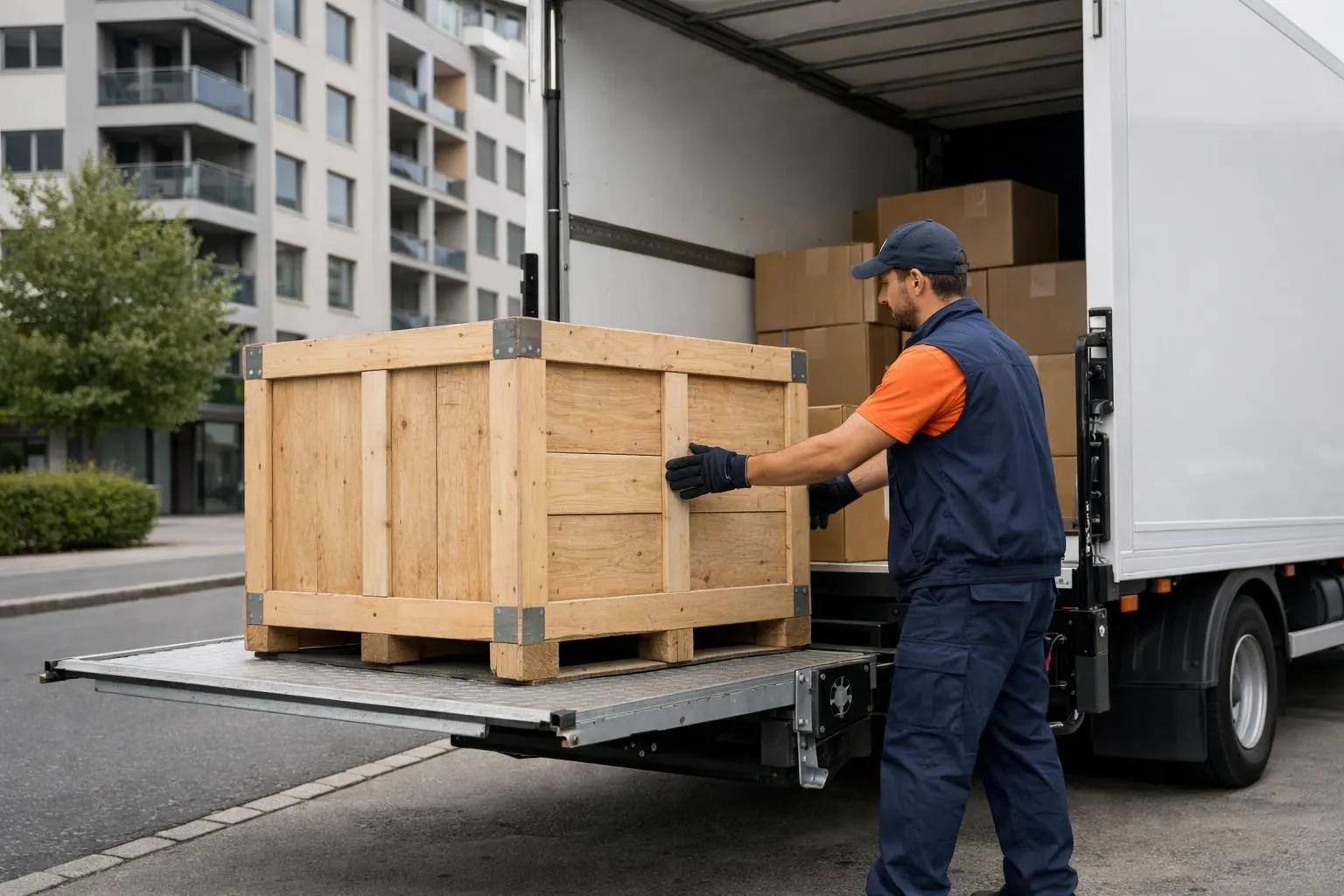 Professional delivery worker operating hydraulic tailgate lift on white commercial truck, carefully loading large wooden crate, modern Swiss urban street setting with apartment buildings, realistic photo style, no text or labels