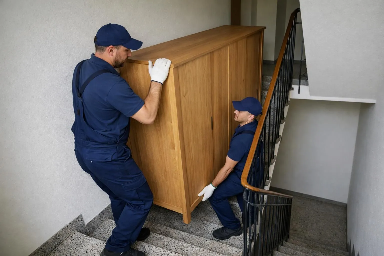 Professional movers in uniform carefully carrying a large wooden armoire down narrow apartment stairs in a Swiss building, showing proper handling technique and protective equipment, realistic photography style with natural lighting