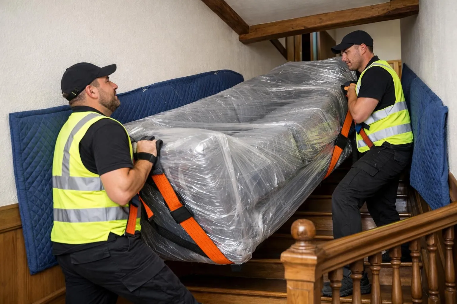 Two professional movers in safety vests carefully maneuvering a large wrapped sofa up a narrow traditional Swiss apartment staircase with wooden railings, using professional lifting straps and protective wall padding in a historic building setting