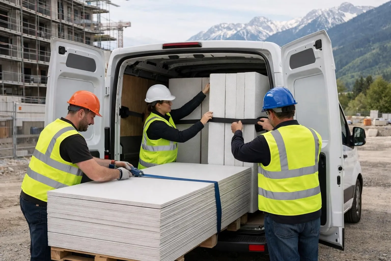 Professional delivery team in high-visibility vests carefully securing large white insulation panels and plasterboard sheets inside a modern white transport van with Swiss license plates, urban Swiss construction site visible in background with Alpine foothills