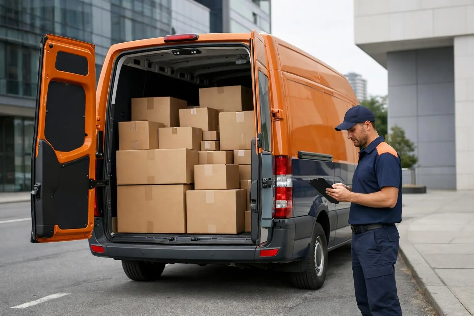 Professional delivery van with open rear doors showing secured packages, driver checking tablet in Swiss urban setting with modern buildings, daylight scene showing efficient transport operation