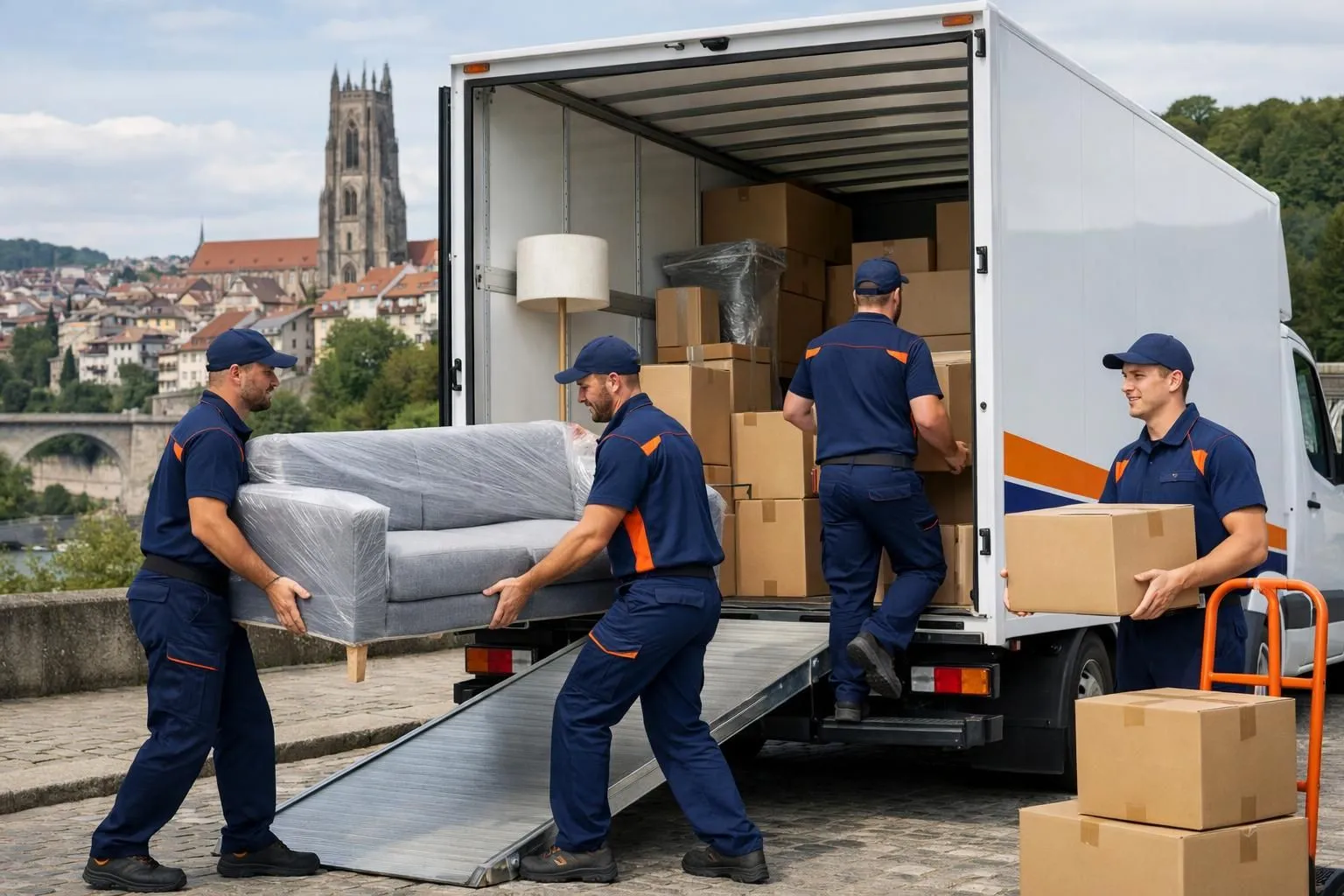 Professional movers in uniform carefully loading wrapped furniture and boxes into a modern white moving truck in Fribourg, showing affordable yet quality moving service with secure handling