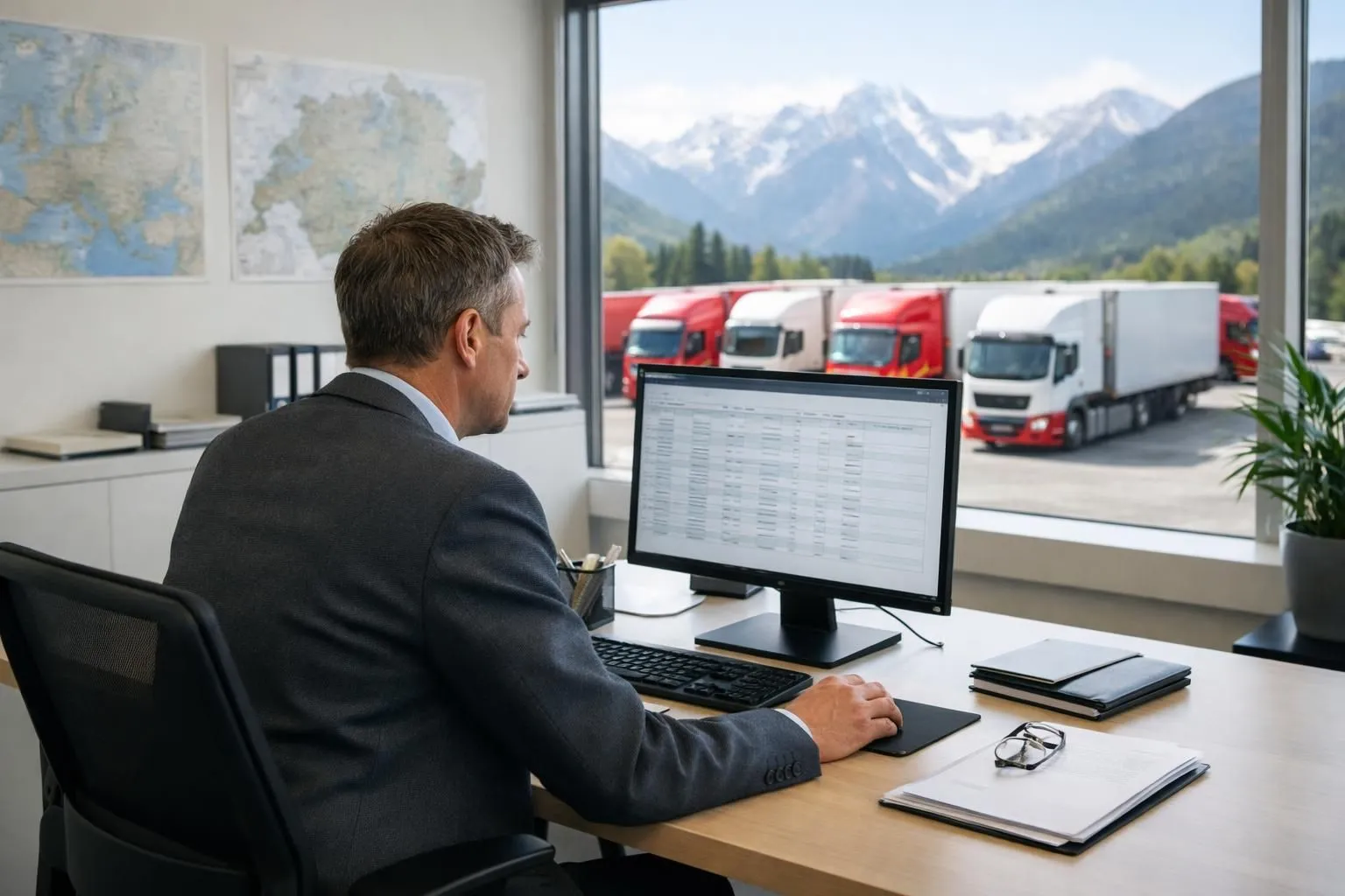 Professional logistics manager in modern Swiss office reviewing delivery schedules on computer screen with fleet of red and white delivery trucks visible through large window, Alpine landscape in background, natural daylight, clean organized workspace with maps on wall