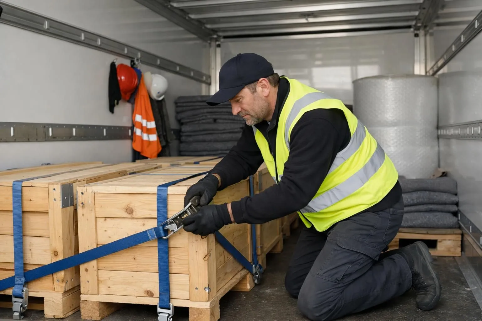 Professional logistics worker in high-visibility vest carefully securing wooden crates with safety straps inside a clean modern delivery truck in Geneva, safety equipment and padding materials visible in background, natural daylight