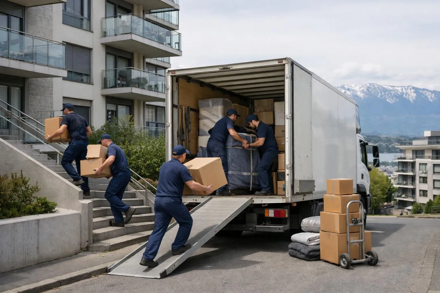 A moving truck being loaded in front of a modern Swiss apartment building in Geneva, with movers carrying cardboard boxes quickly down stairs while others secure furniture inside the vehicle, conveying urgency and professional efficiency in an urban Swiss setting with mountains visible in the background