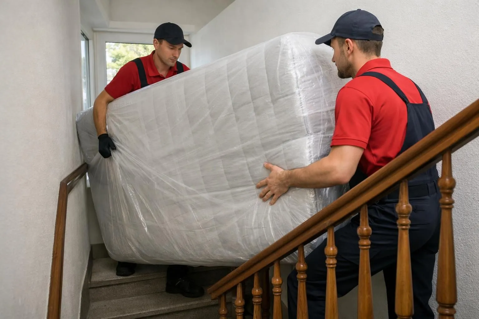 Professional delivery team in Swiss uniform carefully maneuvering large wrapped mattress up narrow apartment staircase, wooden handrails, natural daylight through window, focus on teamwork and careful handling