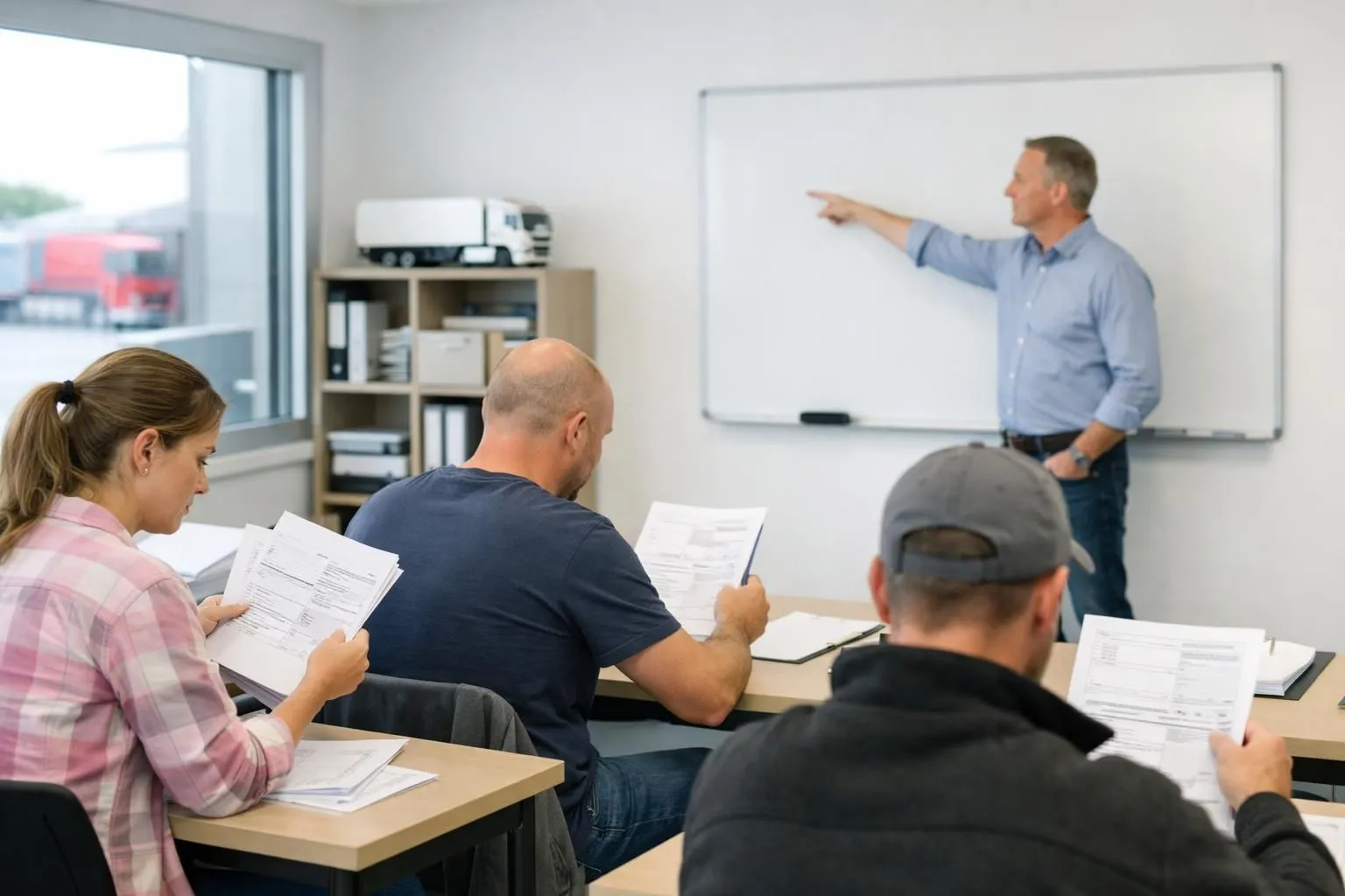 Swiss vocational training classroom scene with adult students examining transportation certification documents and logistics manuals, instructor pointing at a whiteboard showing vehicle categories, professional atmosphere with Swiss flags visible, no text or labels in image