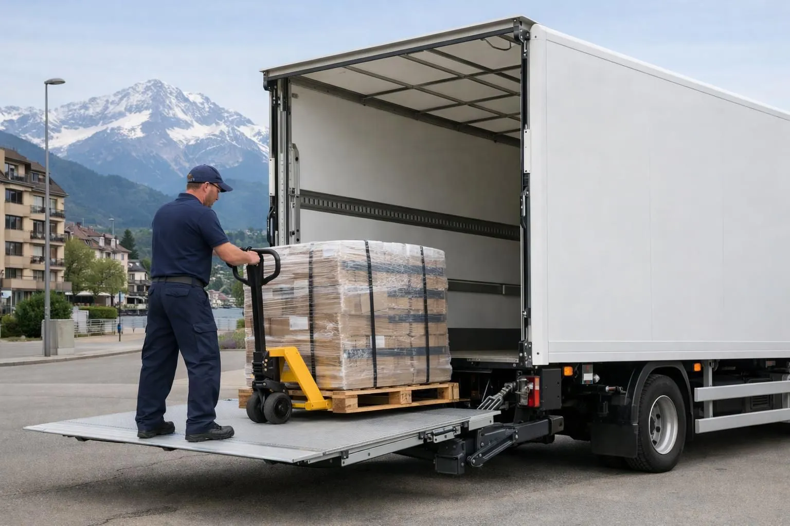 Professional delivery truck with extended hydraulic tailgate lift in front of modern Swiss commercial building, driver in uniform loading secured cargo pallet onto platform, clean white vehicle with visible lifting mechanism, urban Swiss setting with Alpine backdrop, daylight scene showcasing practical transport operation