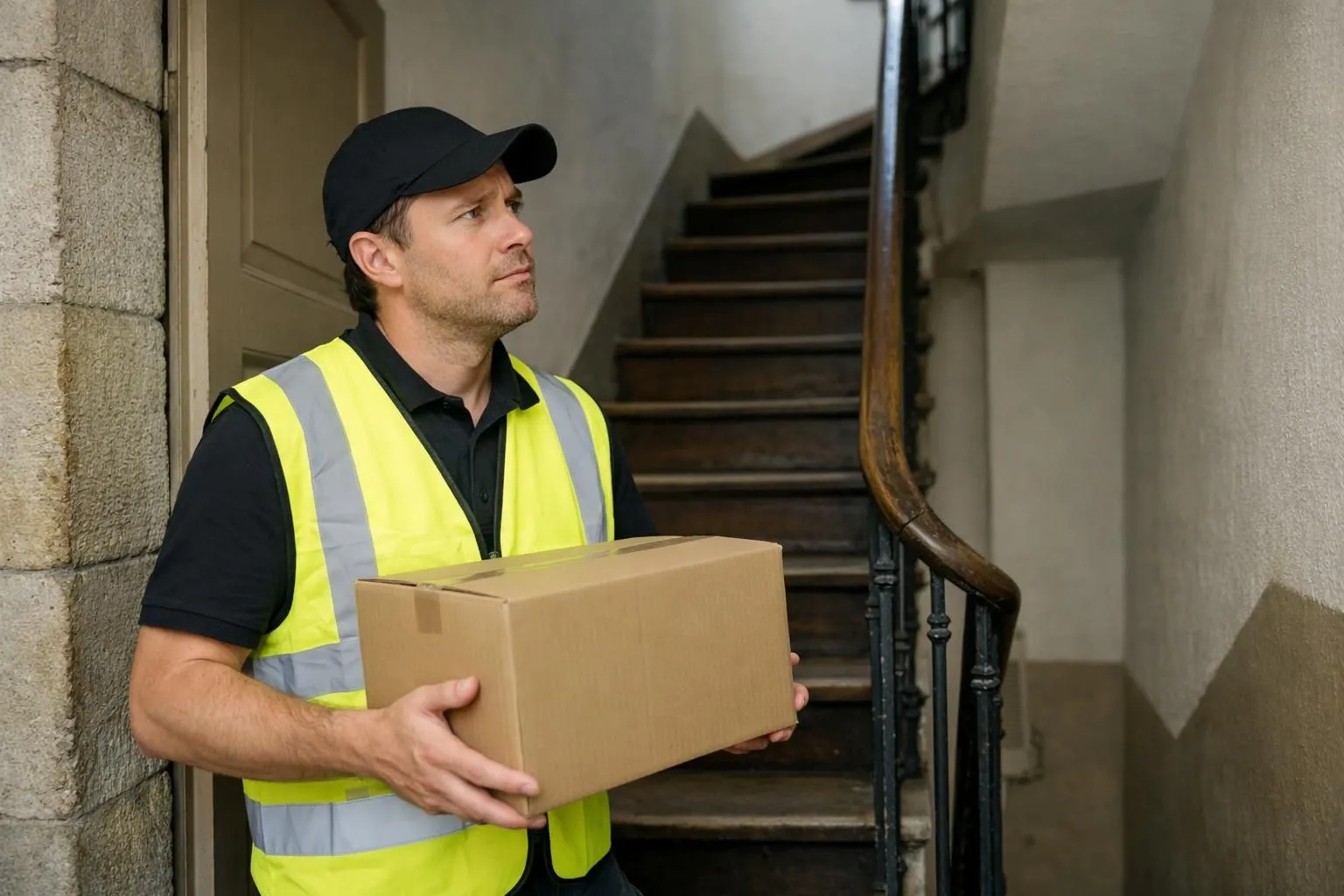 A delivery worker in high-visibility vest standing in front of a narrow staircase in an old Swiss building, holding a large cardboard box, with his hand on his chin looking concerned about accessibility challenges. Natural daylight from a window, realistic professional photography showing the difficulties of accessing apartments without elevators in Switzerland.
