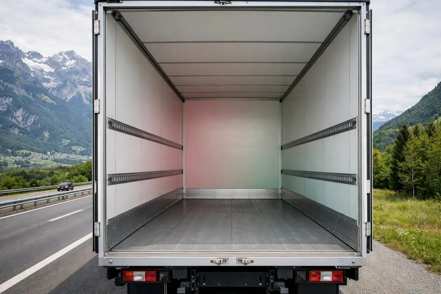 Empty white cargo truck driving on Swiss highway with Alpine mountains in background, visible empty cargo space through open rear door, representing wasted capacity and lost revenue for transport companies