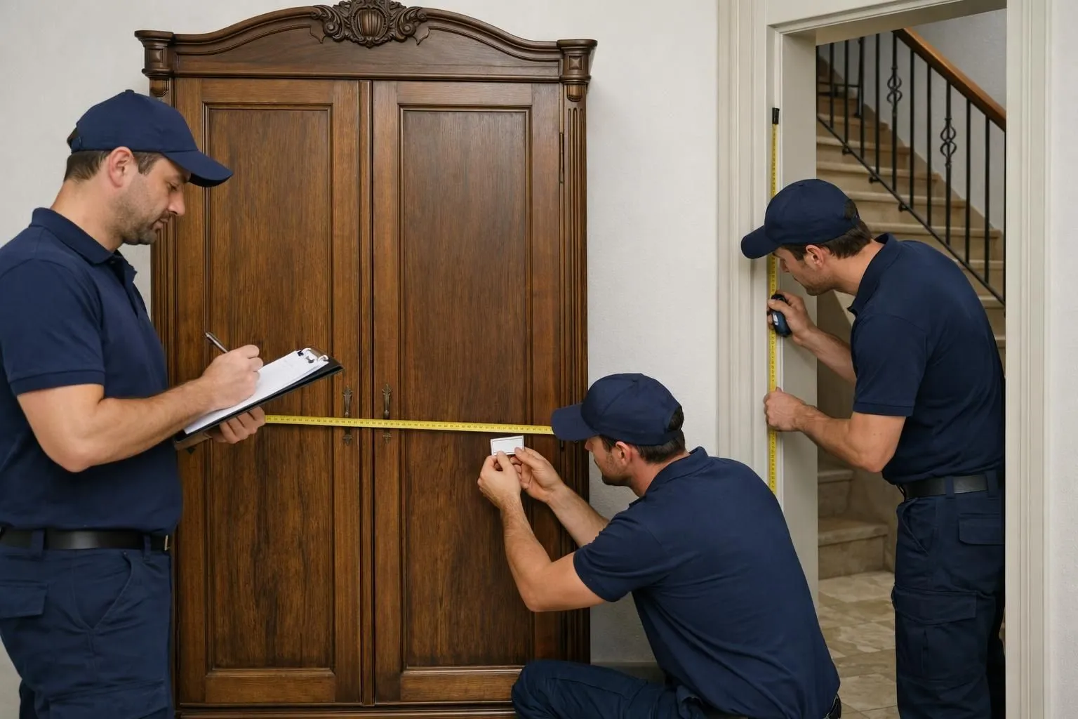 Professional movers measuring dimensions of large vintage wooden armoire with measuring tape while one takes notes on clipboard, second mover examining weight capacity sticker, third checking access through narrow doorway with measuring tool, Swiss residential setting with staircase visible in background