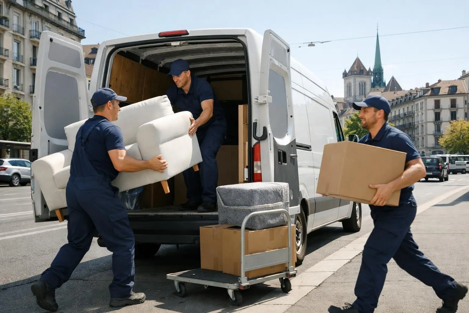 Professional movers loading furniture into a modern delivery van on a sunny Geneva street, with recognizable Swiss architecture in the background, urban moving scene showing speed and efficiency, realistic photography style capturing the urgency of last-minute relocation services