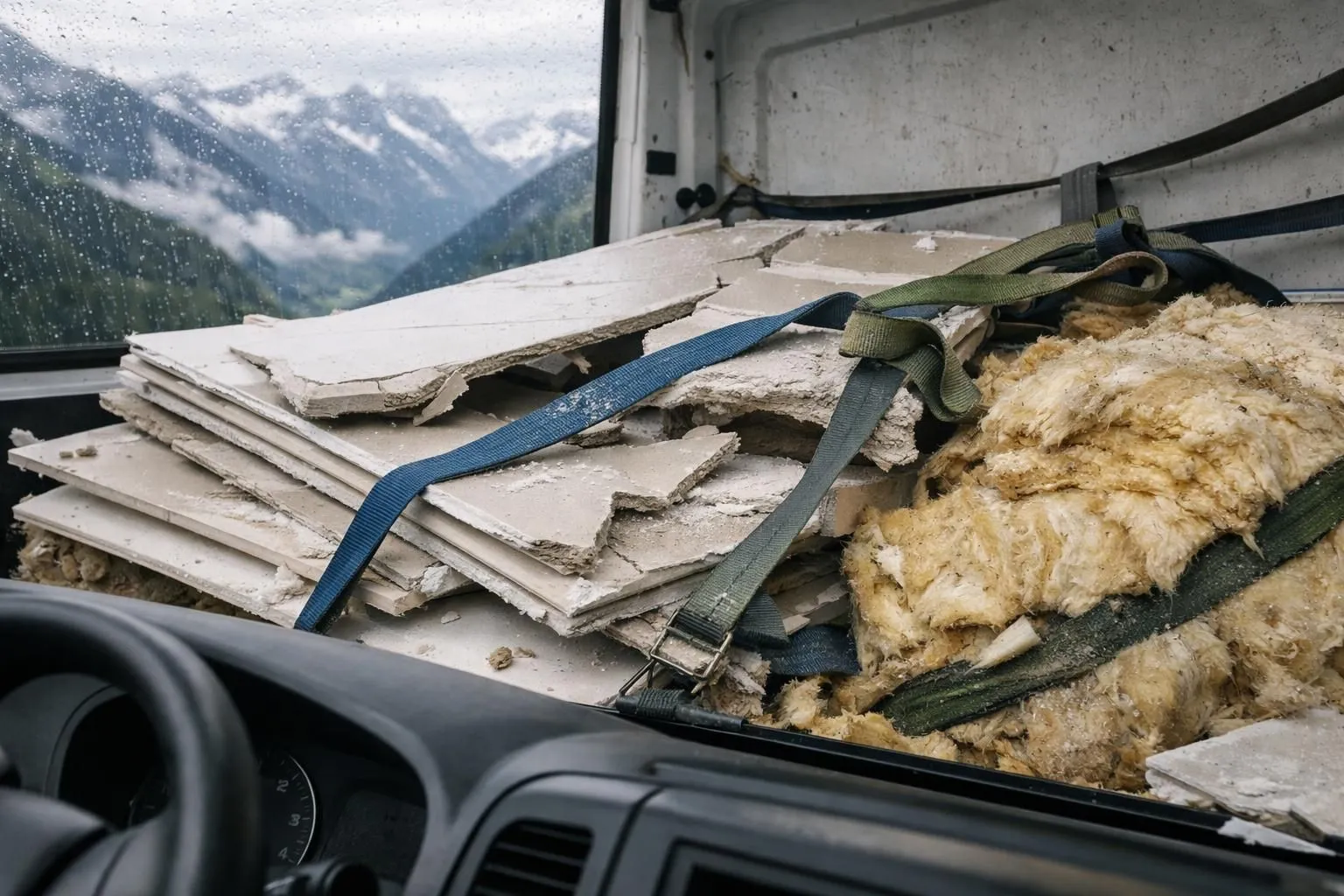 Professional photograph showing damaged construction materials in a delivery van: broken plasterboard panels and water-damaged insulation, with visible rain droplets and improper securing straps, documentary style photography illustrating transport mistakes in Swiss mountainous terrain