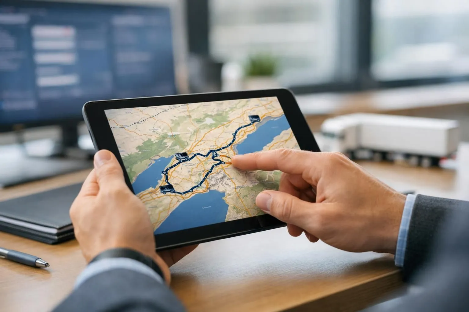 Logistics coordinator using tablet to review freight matching dashboard in modern Swiss transport company office, digital map showing routes between Vaud and Neuchâtel visible on screen