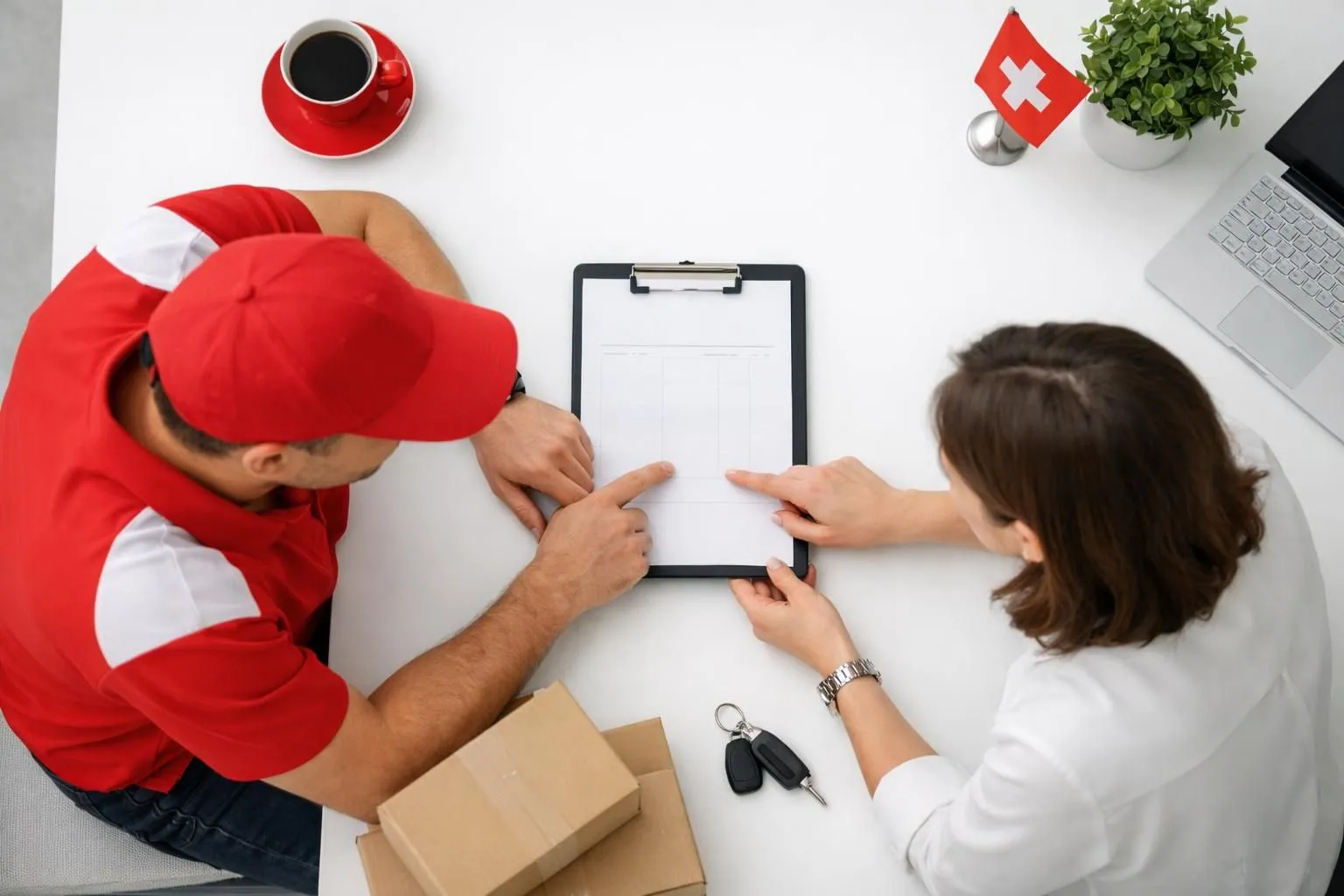 Professional delivery driver reviewing a detailed invoice with a client in a modern Swiss office setting, showing transparent pricing discussion for express transport services, natural lighting, photorealistic business scene without any text or numbers visible