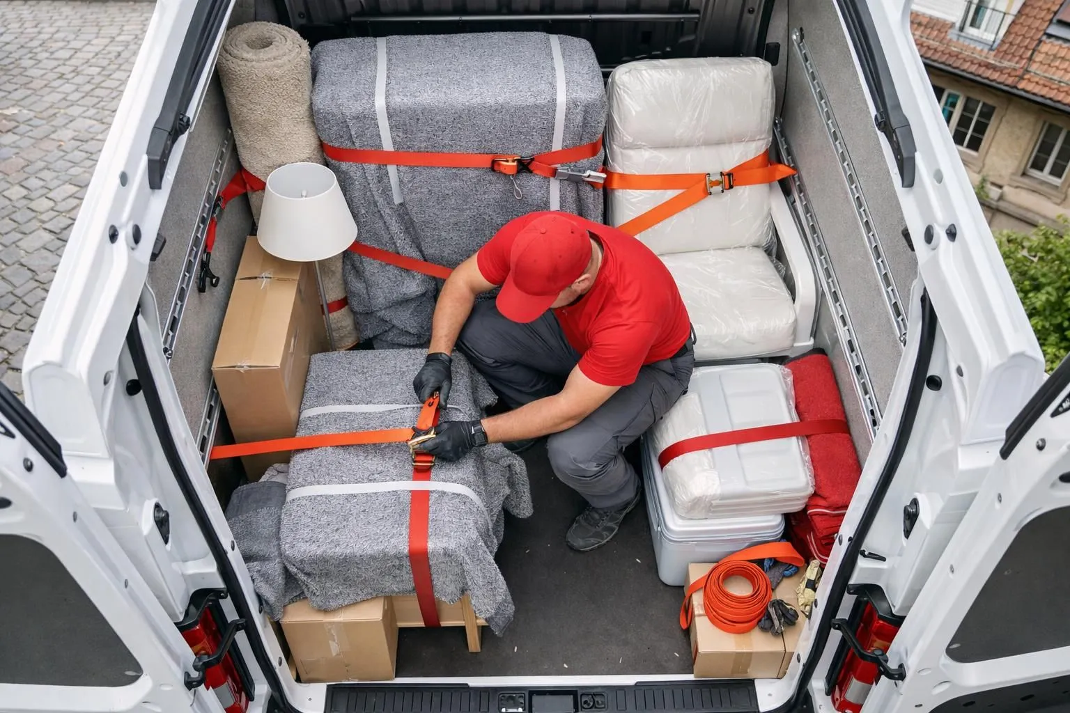 Professional moving truck driver carefully securing furniture with protective straps in modern cargo van, quality control inspection scene in Fribourg Switzerland, emphasis on safety and professionalism in moving services