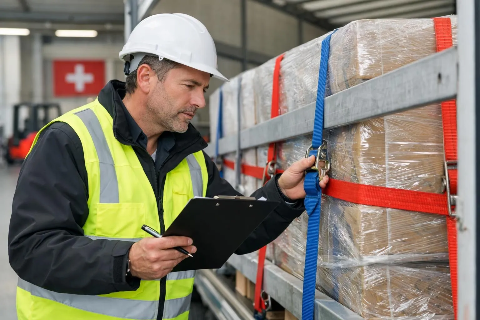 Professional warehouse worker in high-visibility vest conducting thorough inspection of secured cargo on transport truck in modern Swiss logistics facility, checking straps and load stability with clipboard, bright lighting, realistic detailed scene showing commitment to transport security and quality control, no text