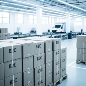 Centre logistique moderne avec des colis prêts à être livrés en Suisse, symbolisant des solutions logistiques B2C efficaces.