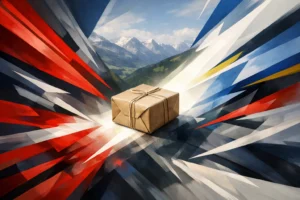 Formes géométriques abstraites dynamiques illustrant un colis pour le transport urgent Suisse Fribourg, solution rapide.