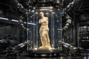 Transport futuriste d'œuvres d'art par bras robotiques, représentant les entreprises specialises transport oeuvres art suisse