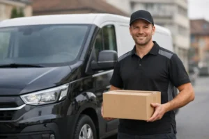 Livreur professionnel à Yverdon-les-Bains, véhicule de livraison moderne, confiance et sécurité