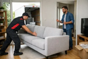 "Livraison canapé Galaxus installation - Un livreur décharge un canapé dans un appartement"