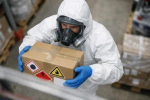 "Transport de produits dangereux en Suisse, réglementation, sécurité, professionnel en combinaison de protection"