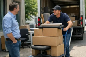 Déménagement de bureau pour PME, employé déplaçant des cartons et meubles avec un camion en arrière-plan.
