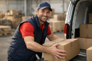 Transport marchandise Vaud urgent - Livreur chargeant un colis dans un camion