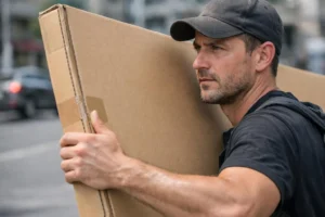 Ouvrier transportant un meuble IKEA à Lausanne pour montage.