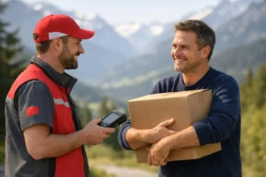 "Un livreur suisse de vente-unique remet un colis à un client satisfait dans les Alpes"