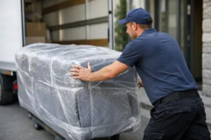 Livraison de meuble neuf en Suisse, canapé déchargé d'un camion