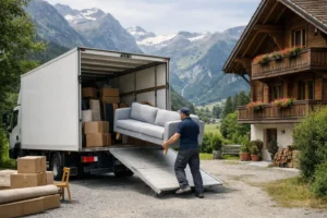 Prix transport meuble Vente-Unique en Suisse, camion de livraison de meubles en action.