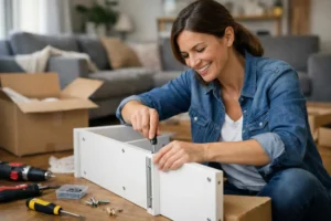 montage meuble à domicile Fribourg, femme assemble meuble avec outils