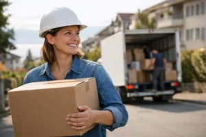 Femme Lausanne choisit meilleur transporteur petits déménagements avec carton Fragile