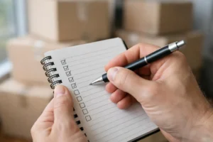 Main évaluant critères service déménagement complet avec cahier et stylo