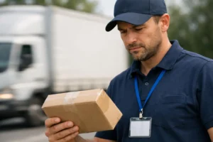 Livreur transport express colis urgent à Genève, homme en uniforme tenant un colis.