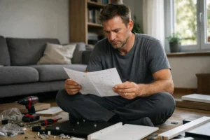 Montage de meubles complexes à domicile en Suisse, homme suivant instructions