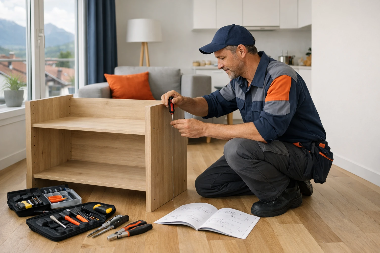 Un assembleur de meubles professionnel en uniforme de travail, agenouillé à côté d'une étagère en bois partiellement montée dans un appartement suisse moderne et lumineux, un tournevis et un manuel d'instructions visibles, des outils organisés au sol.