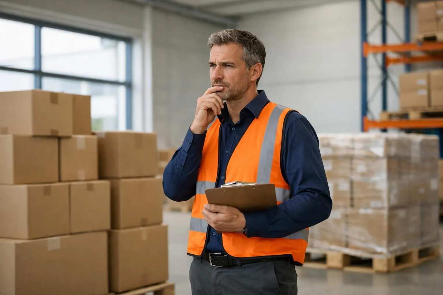 Un gestionnaire logistique professionnel examine des documents sur un bloc-notes, debout entre des boîtes et des palettes de transport dans un entrepôt suisse moderne, comparant les options de service avec une expression soucieuse, sous un éclairage naturel, photographie réaliste.