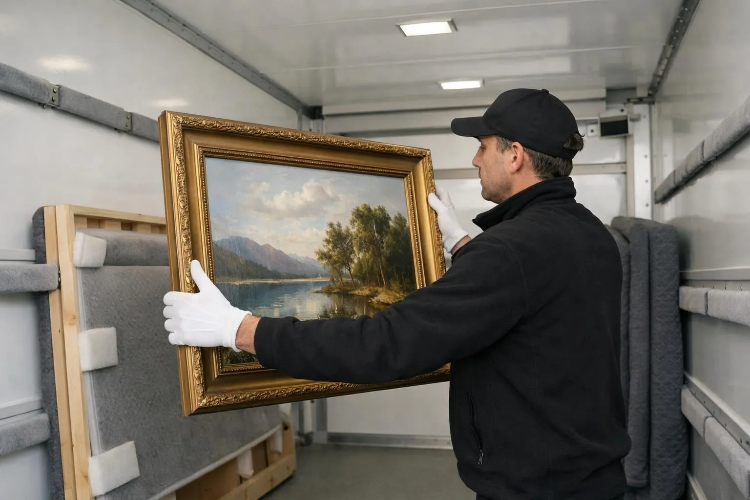 Professionnel en gants blancs manipulant avec précaution une peinture encadrée de grande valeur à l'intérieur d'...