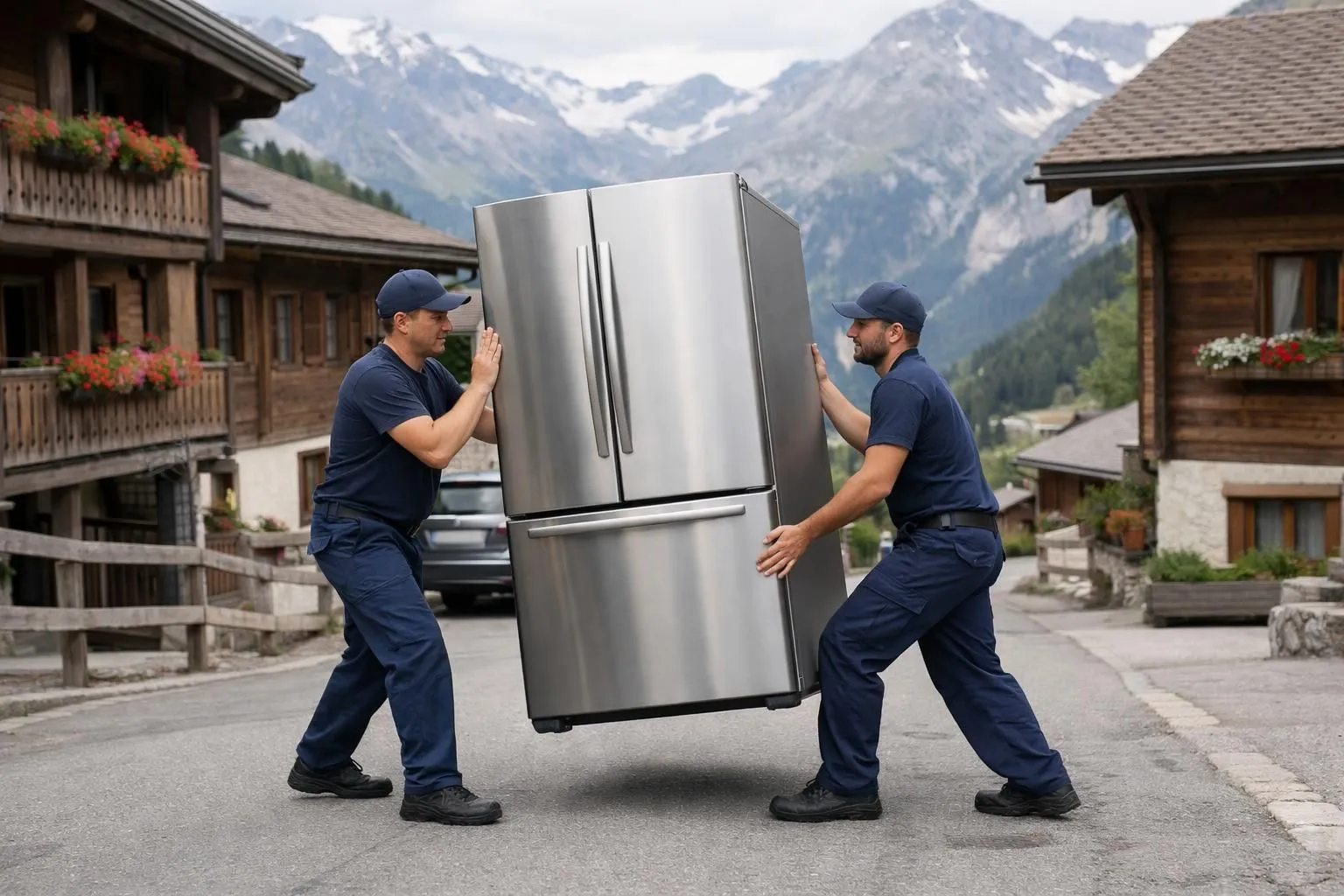 Deux déménageurs professionnels manœuvrant avec précision un grand réfrigérateur en acier inoxydable dans une rue étroite d'un village alpin suisse, avec des chalets traditionnels et un décor montagneux.