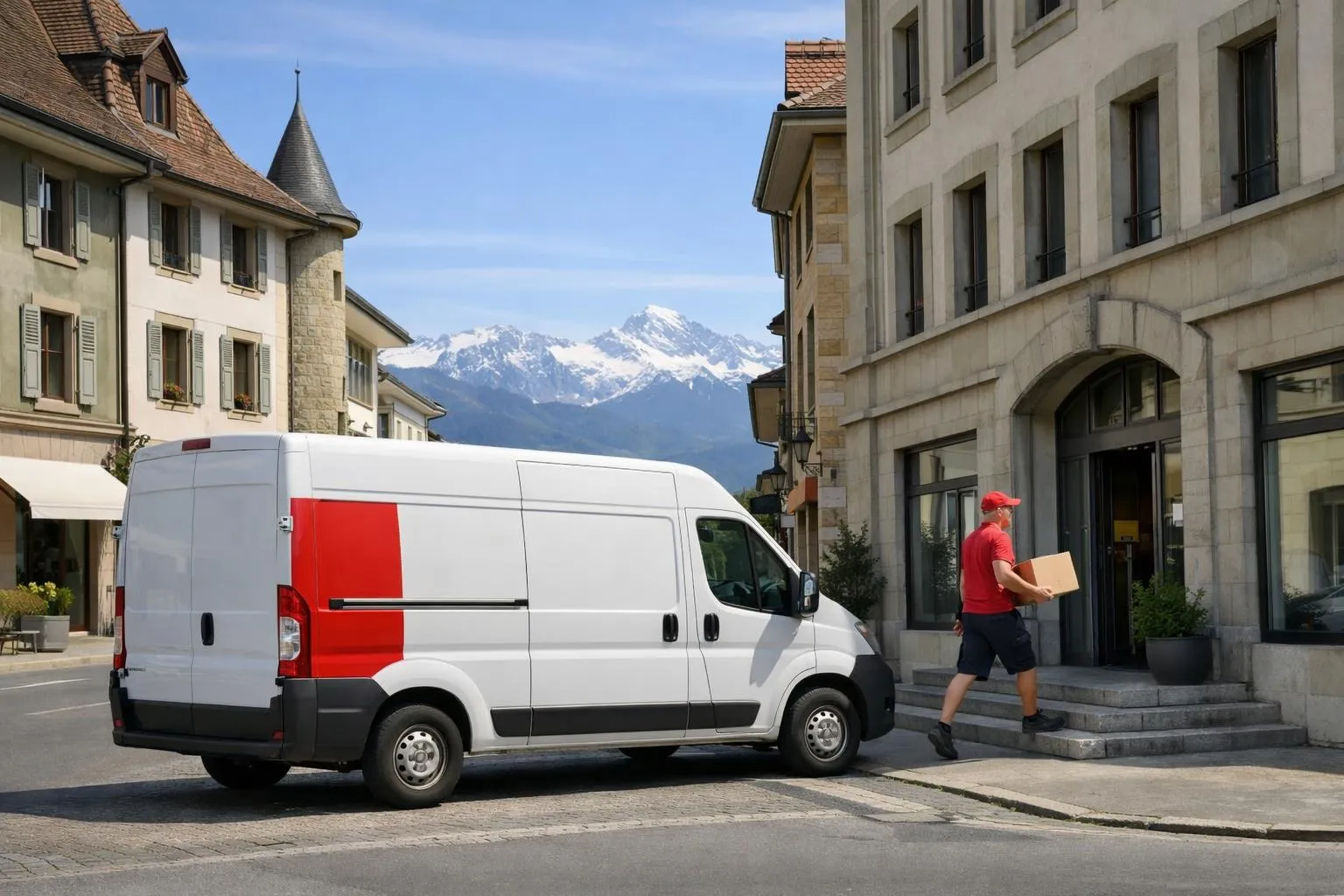 Swiss delivery van parked in front of traditional Yverdon-les-Bains commercial building, driver carrying package through entrance with Alps visible in distance, realistic daytime photography showing local business district architecture