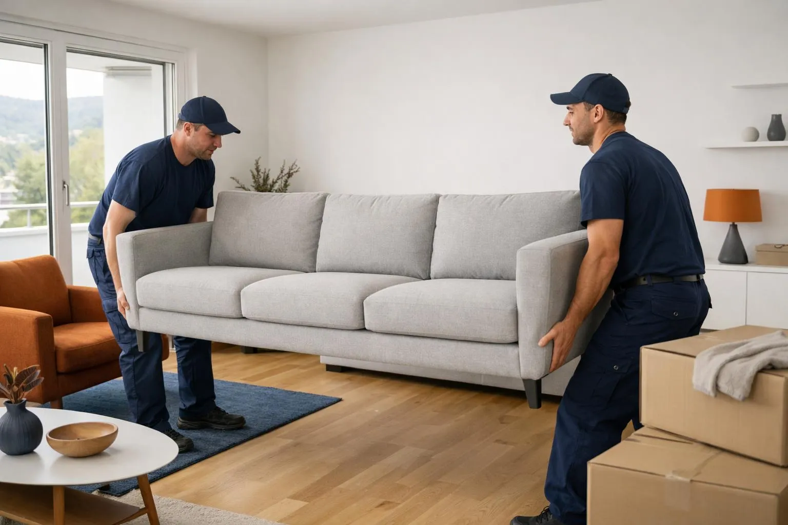 Une équipe de livraison professionnelle transporte avec soin un canapé moderne dans un salon lumineux d'un appartement suisse, scène logistique réaliste avec attention à la sécurité de la manutention des meubles, lumière naturelle à travers les fenêtres.