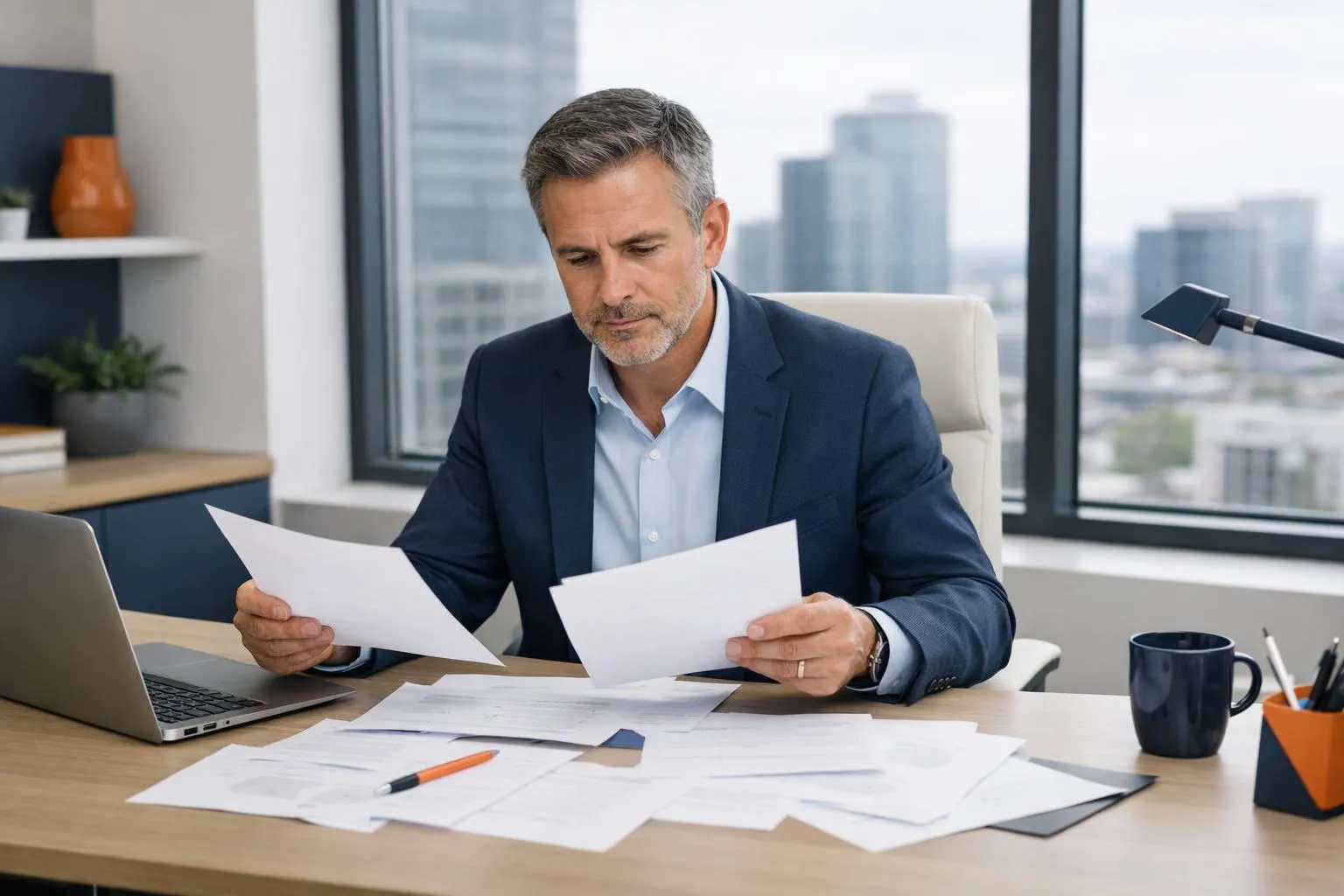 Business owner sitting at modern office desk reviewing multiple moving company quotes with calculator and documents spread out, professional lighting, Swiss office environment with city view through window